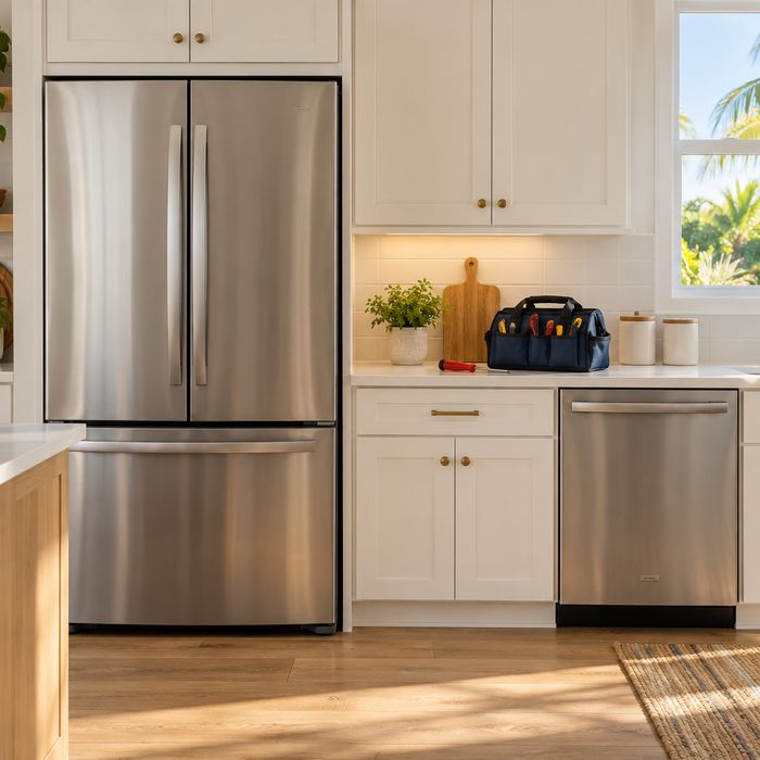 A home kitchen with stainless steel household appliances