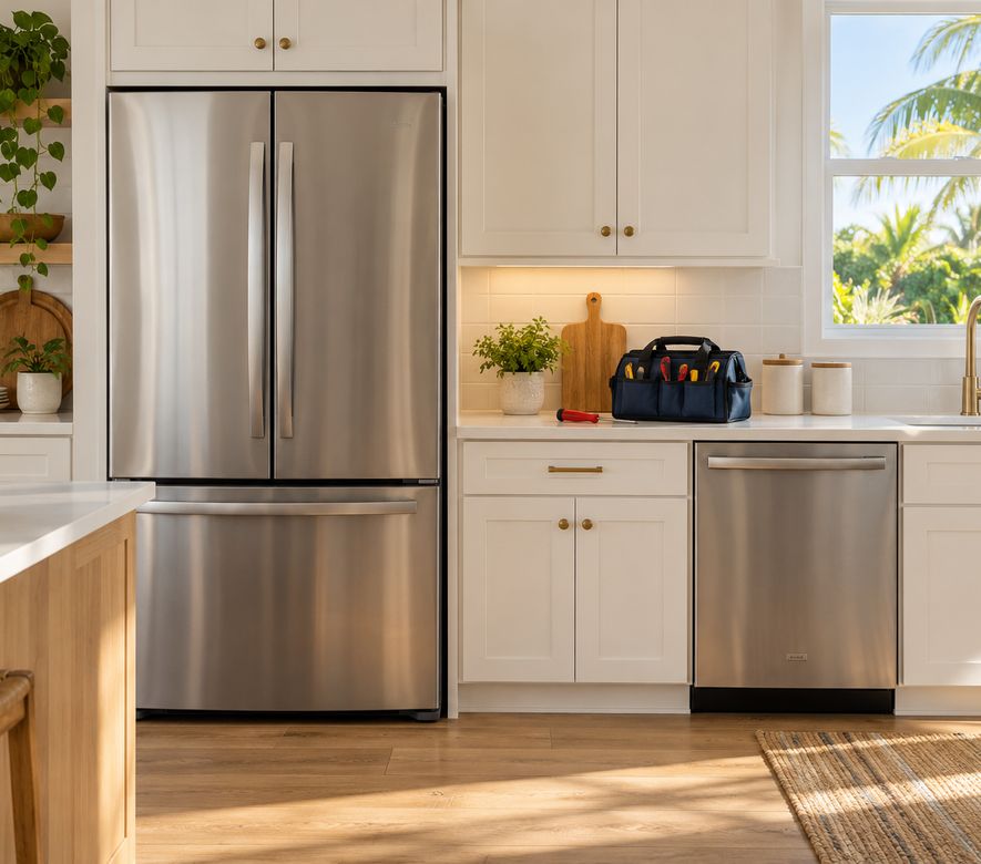 Cocina luminosa con refrigerador, lavavajillas y una bolsa de herramientas sobre la encimera